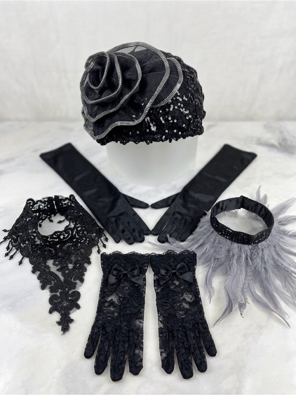 5-Piece Gothic 20s Flapper Costume Bundle: Hat, 2 Chokers, Short & Long Gloves